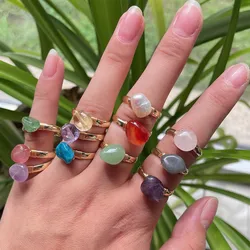 Natural Crystal Stone Adjustable Rings Women Golden Irregular Nuggets Rock Quartz Citrines Agates Purple Crystal Wedding Bands