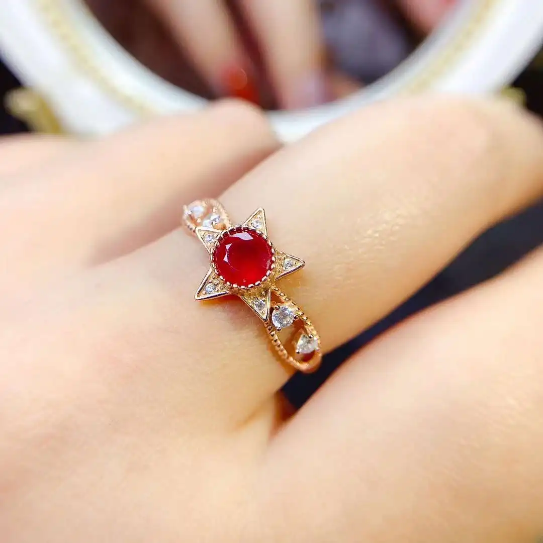 

New Myanmar five star ruby ring 925 silver Seiko set with red gems for women