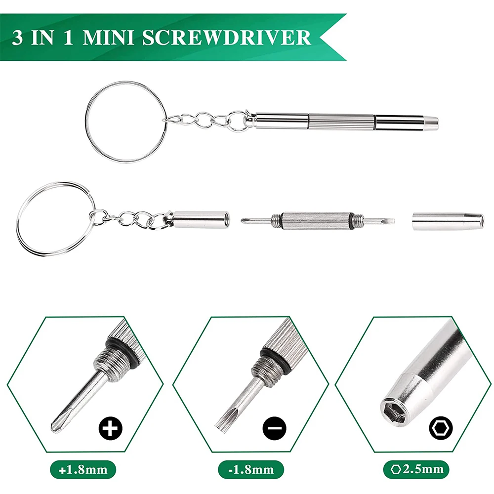 Repair Tool 3 in 1 Mini Screwdriver Keychain Eyeglass Repair kit Slotted Phillips Screwdriv for Glasses Frames Sunglasses Watch