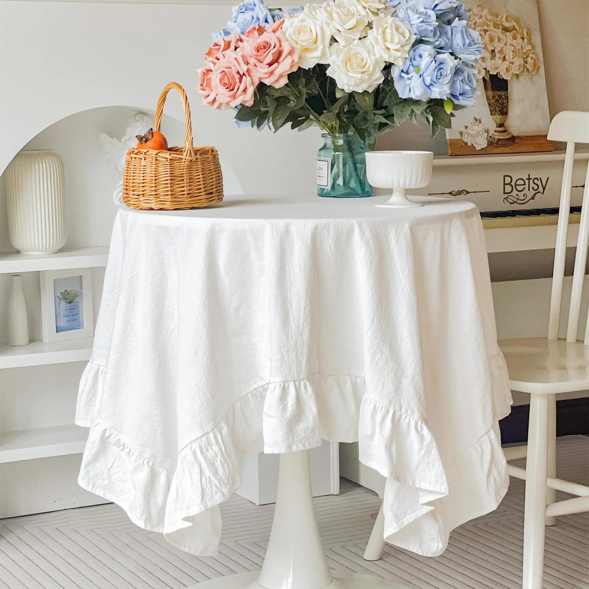 100% CottonTable Cover Retro Farmhouse Ruffle Tablecloth Soft Water-washed Tablecloths for Rectangle Party Wedding Decor Durable