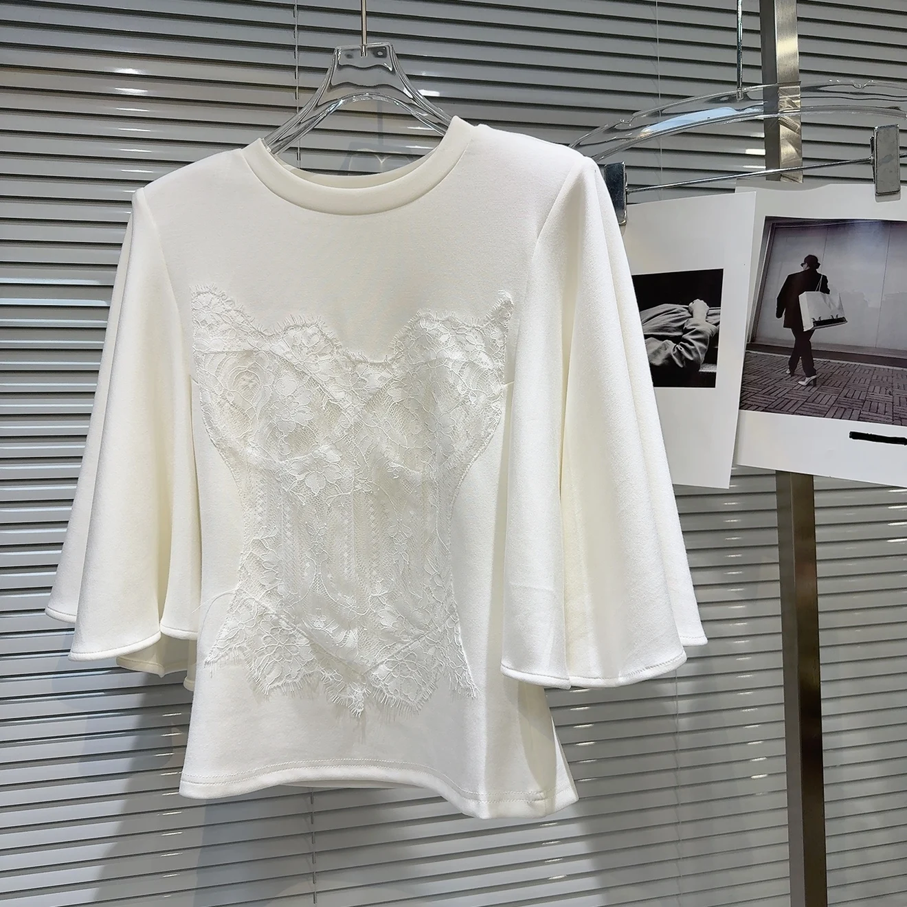 Summer 2026 Lace Patterned Personality Hot Girl Briefs Pure Color Bell Sleeve Short Sleeve T-Shirt Women's Fashion Cotton Top