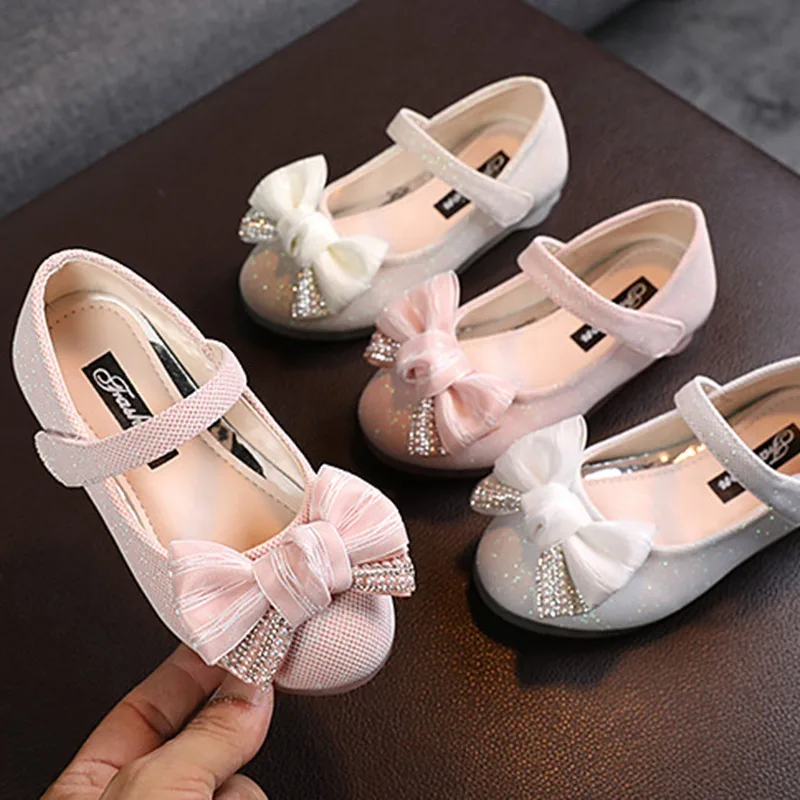 Baywell Children Leather Shoes Pearl Flower Design Bow Princess Girls Party Dance Shoe Baby Girl Flats Kids Performance Shoes