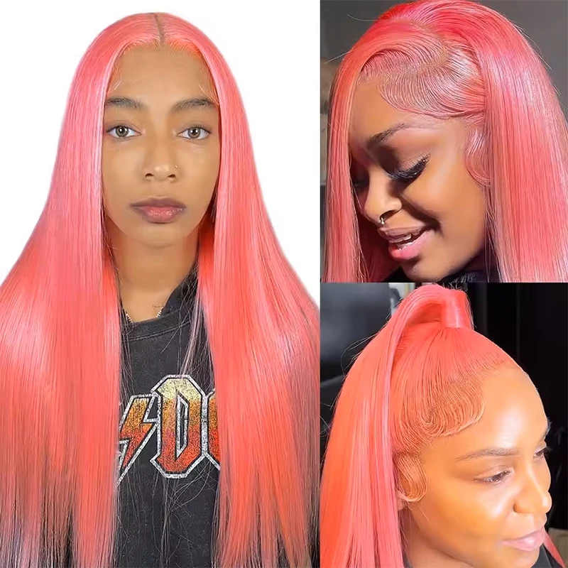220% Density 16-36 Inch Pink Colored Bone Straight Frontal Wig With HD Transparent 13x6 13x4 Lace Front For Natural Look Human Hair Wigs For Women Pre Plucked Pink Colored Human Hair Wigs Straight Wig Human Hair  Brazilian Hair