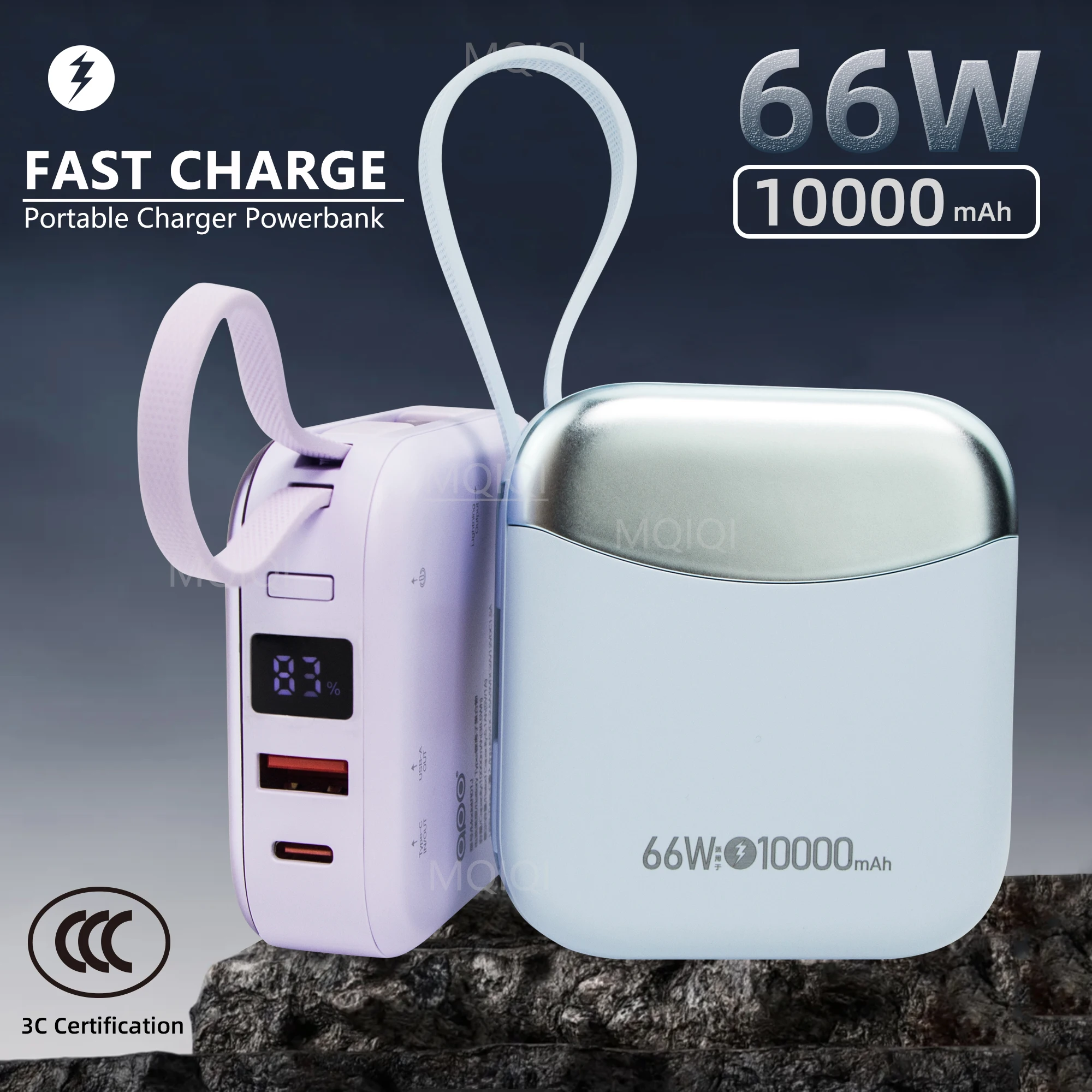 

MQIQI 66W Fast Charging PowerBank 10000mAh Built-in Cable External Rechargeable Batteries Power Bank PD 22.5W For iPhone 16 15