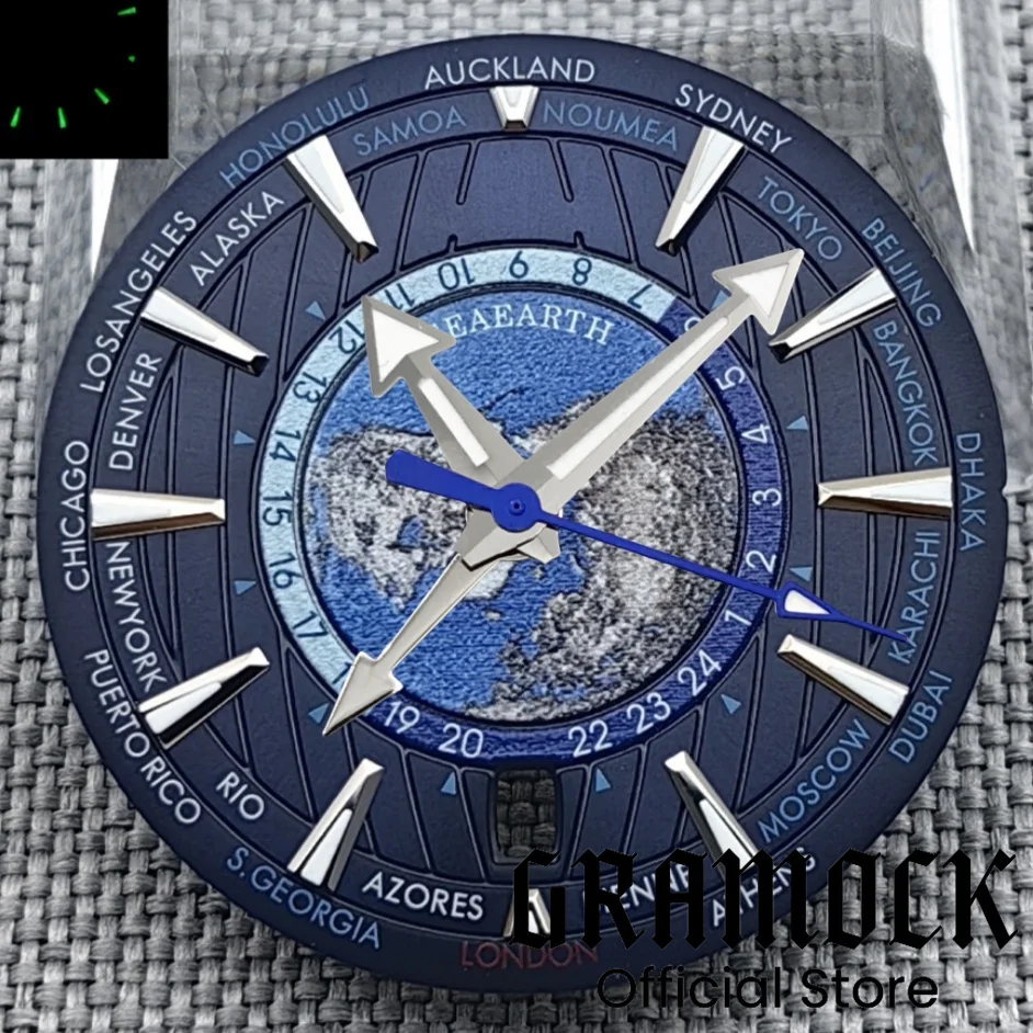 33.5mm Universal Time Blue Green Black Watch Dial 6 o 'clock Date With Green Black Blue GMT NH34 4 Hands Fit NH34 NH35 Movement