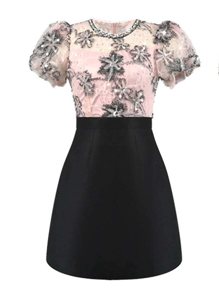 Celebrtiy Sweet Prom Dress Women's Exquisite Pink Bright Shiny Sequins Sheer Lace Mesh Fake 2 Piece Gown Birthday Party Vestidos