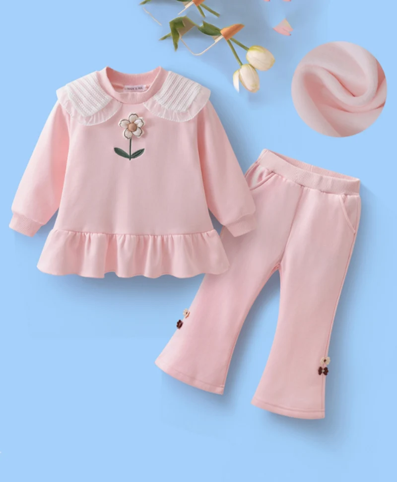 0-6 Jahre alt, rosa, niedliches, geblümtes Fleece-Winteroutfit für Mädchen, Babykleidung, Geburtstagsgeschenk für Mädchen, 2-teiliges Mädchen-Kleidungsset