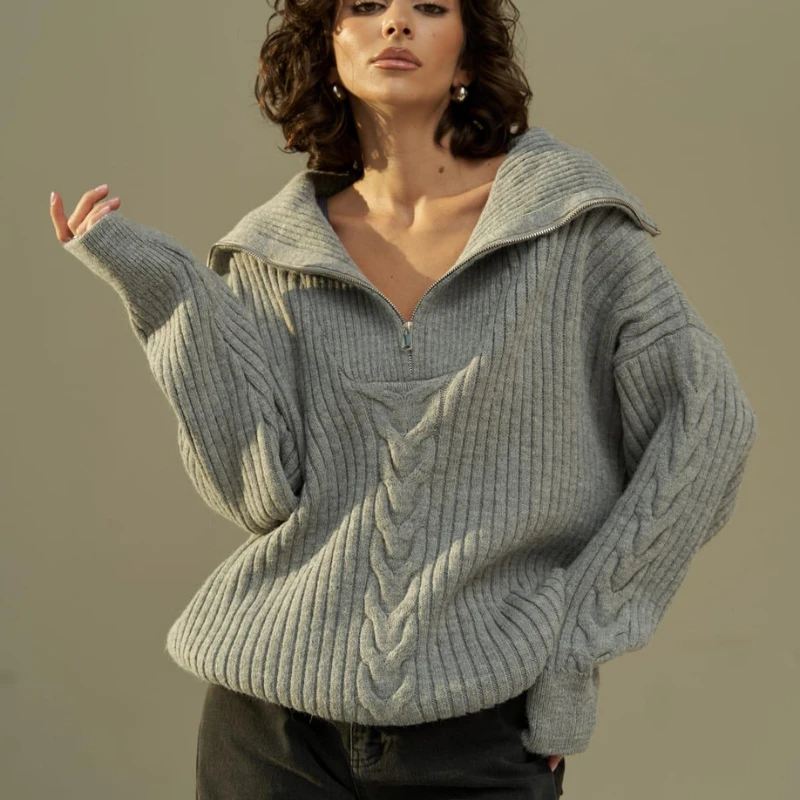 Maglioni lavorati a maglia da donna pullover impiombati con cerniera maglioni Casual a maniche lunghe larghi elegante capispalla spessa da donna autunno inverno