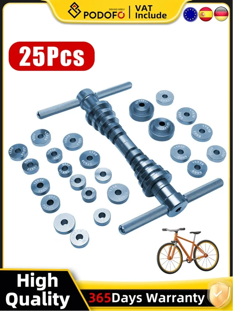 Podofo 25-teiliges Fahrradlager-Einpresswerkzeug-Set, Fahrrad-Innenlager-Einpresswerkzeug-Set, MTB- und Rennrad-Reparaturwerkzeug mit Aluminiumlegierungs-Führungsklötzen für die Wartung von