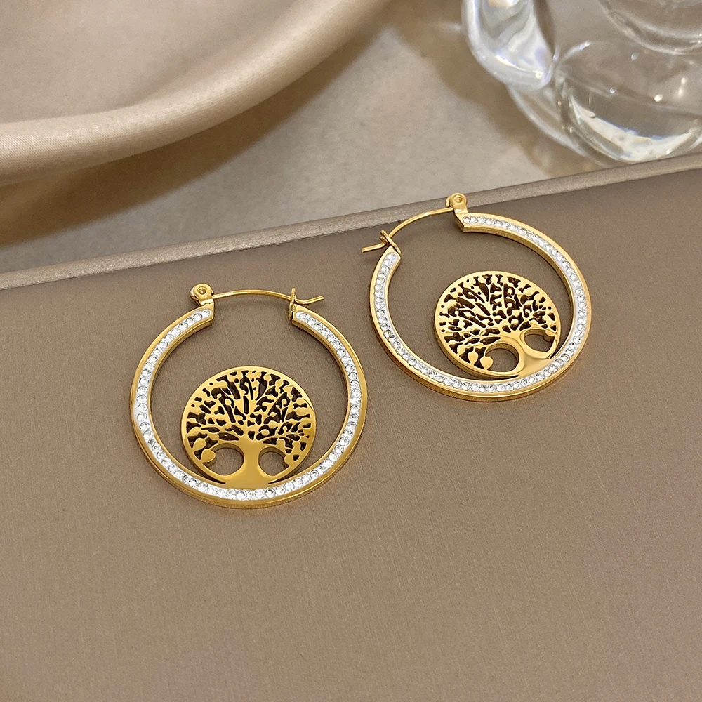 

DODOHAO Vintage Hollow Tree of Life Big Circle Stainless Steel Earrings for Women Zircon Golden Waterproof Earrings Jewelry Gift
