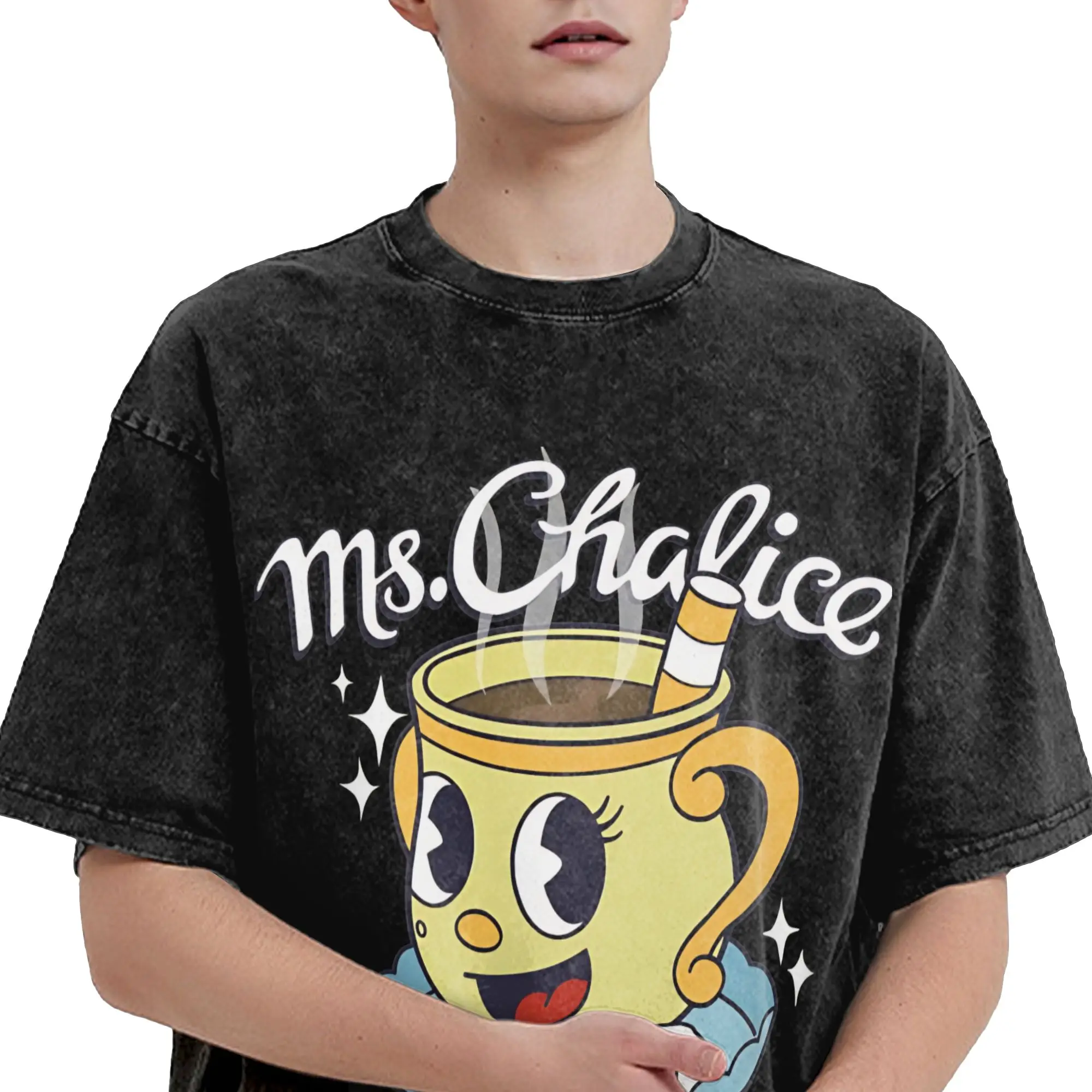 Cuphead and Mugman cup mug T Shirts Hip Hop Washed Short Sleeve High Street T-Shirt  Vintage Men Women Streetwear