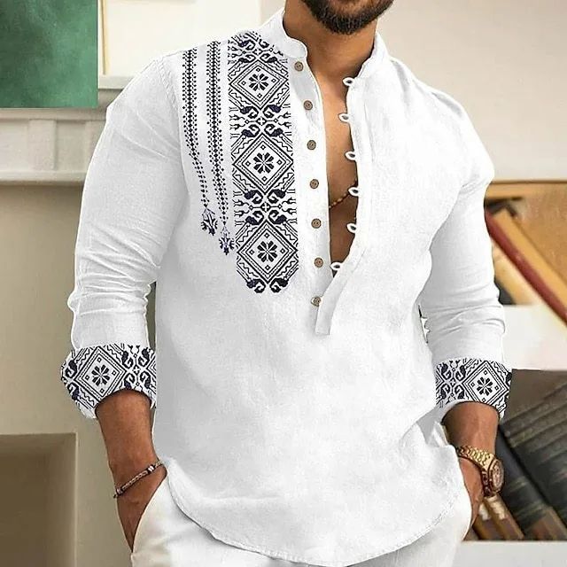 Men Stand Collar Long Sleeve Pullover Shirt Slim Fit Bamboo Cotton Geometric Print Digital Print Ethnic Motif Cuff Detail Light