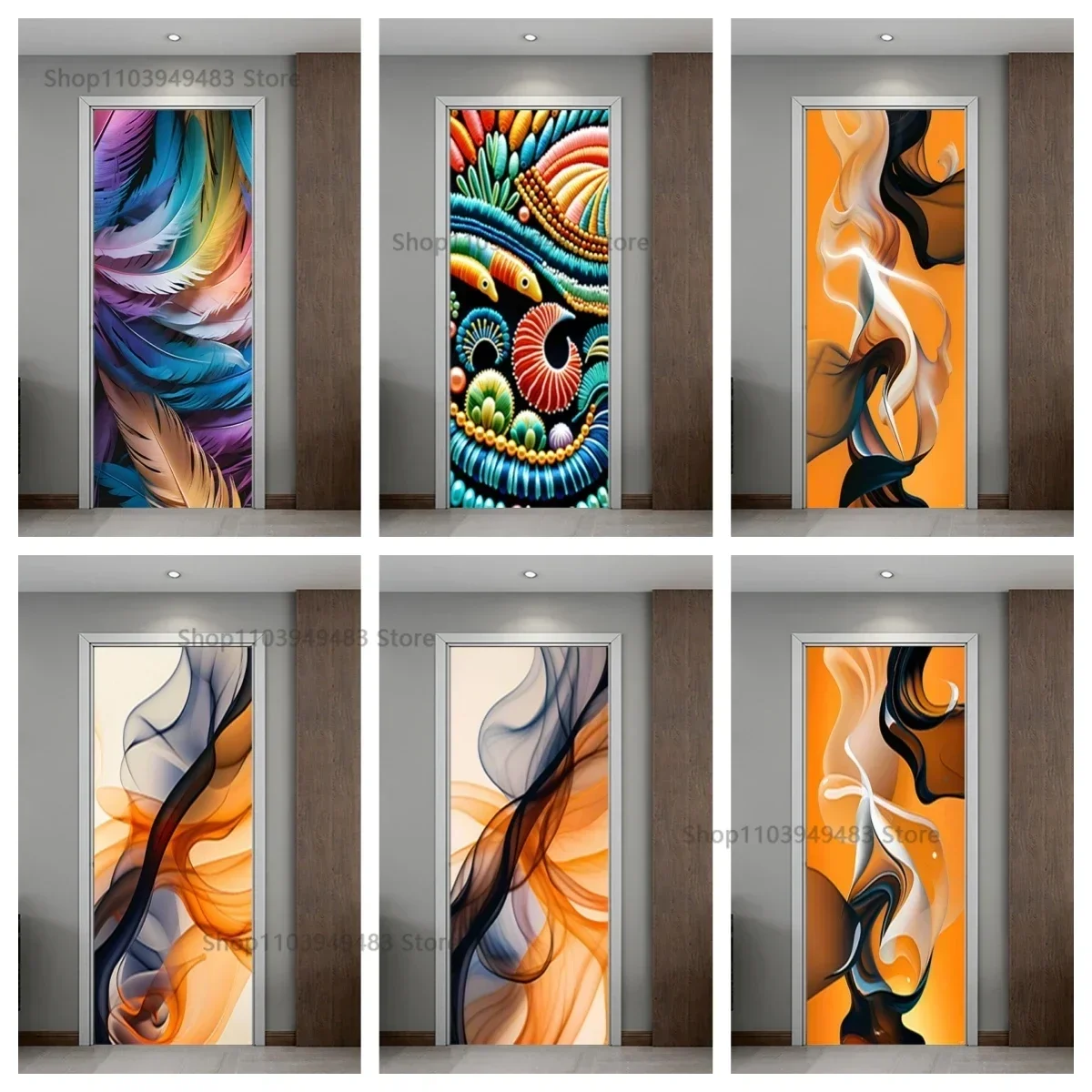 Abstract Painting Ocean Fish Full Door Covered Wallpaper Self-adhesive Sticker for Decor Room Cabinet Closet Ornamental Stickers