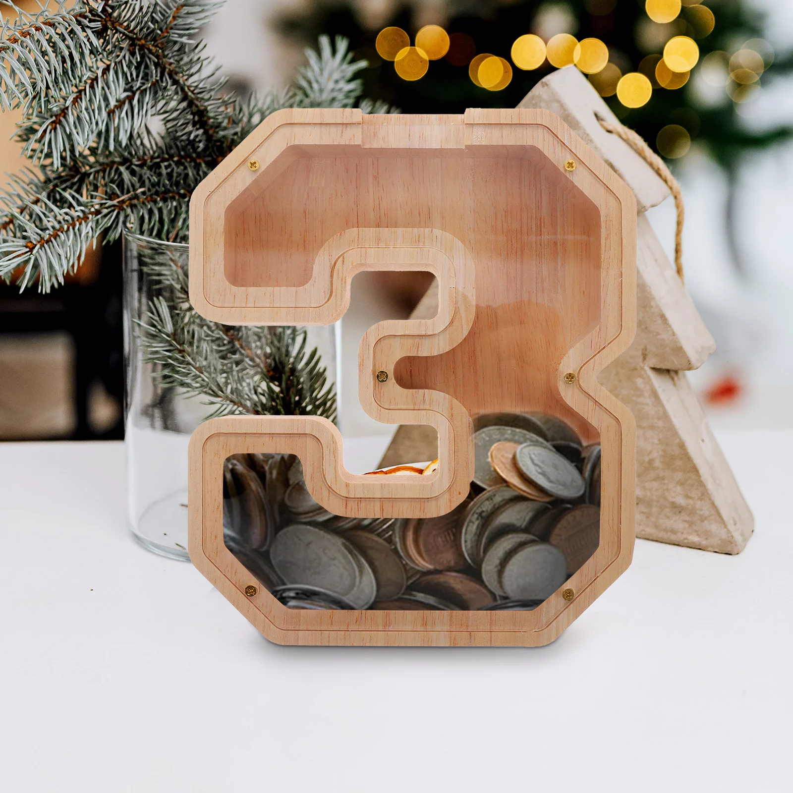 Transparent Wooden Piggy Bank Modern Farmhouse Style Wooden Money Saving Box for Desktop Decoration Money Saving Box