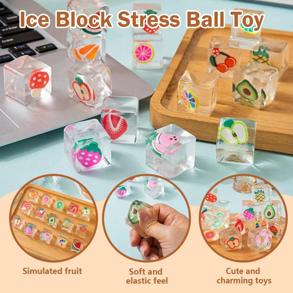 Cute Cartoon Fruit Ice Cube Squishy Toys Soft TPR Stress Relief Squeeze Ball Funny Fidget Toys for Kids Adults Anti-Anxiety
