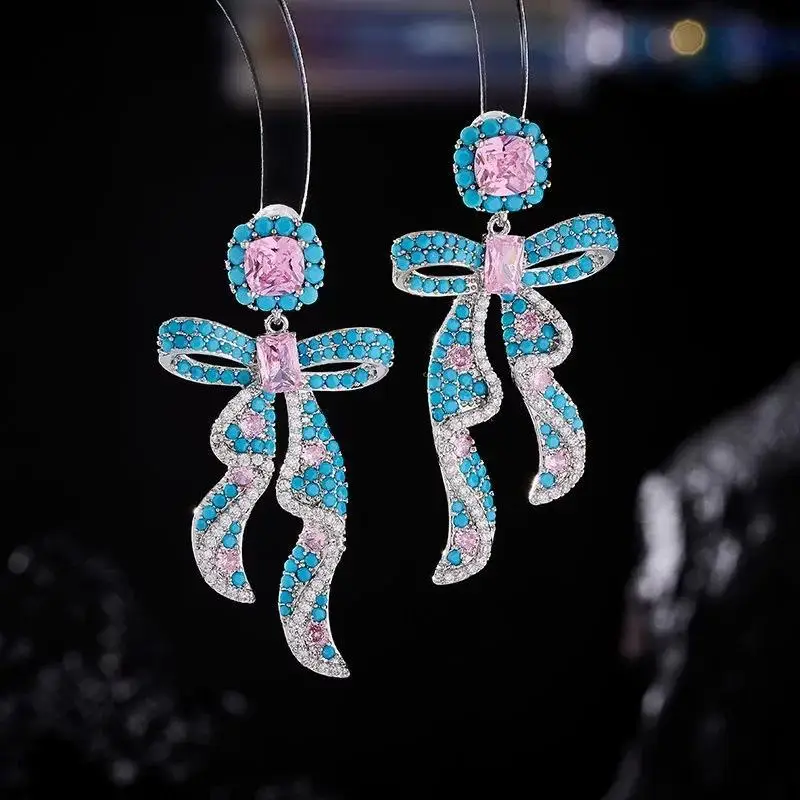 Luxury Bowknot Ribbon Earrings Elegant Cubic Zircon Inlaid Vintage Jewelry for Business Dinner Formal Occasion Wear
