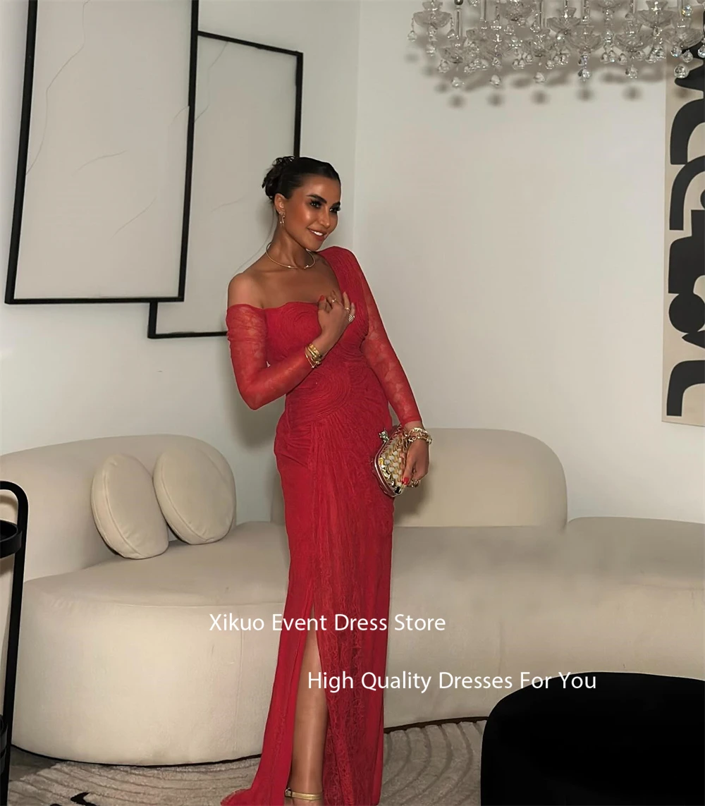 Xikuo-vestidos De Noche De encaje elegantes, sirena, un hombro, plisado, vestidos De graduación, apliques con abertura lateral alta, bata De noche personalizada