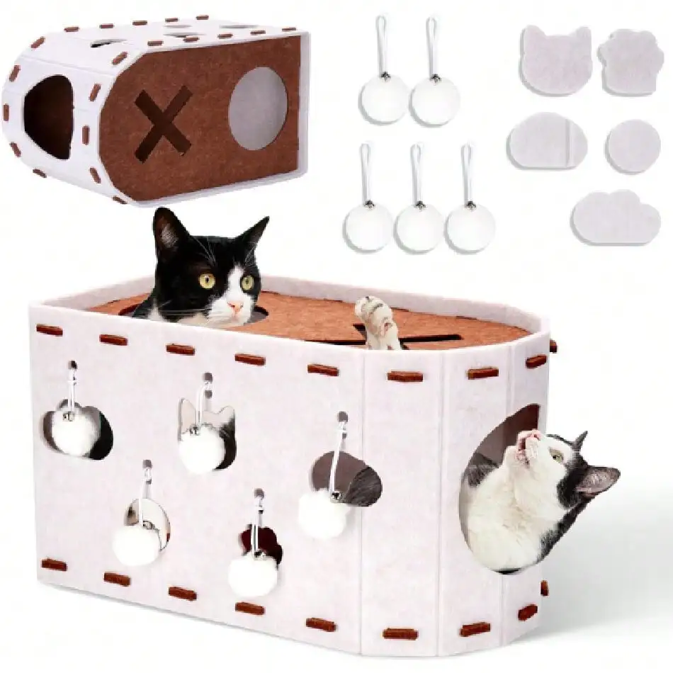

Foldable Felt Bed Cave With Tunnel & Cat Ball Toy, Large Cat Bed Up For Play, Soft & Warm Cat Beds &
