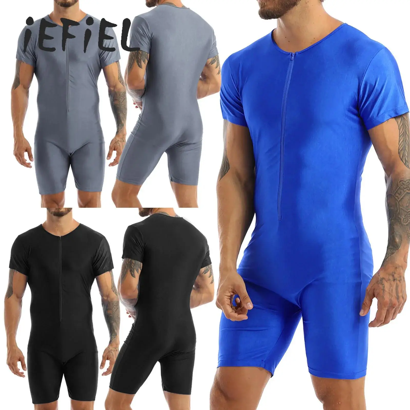 Men Spandex Stretchy Boxer Shorts Leotard Bodysuit One-piece Swimwear Short Sleeve Zip Bathing Suit for Beach Pool Swimming