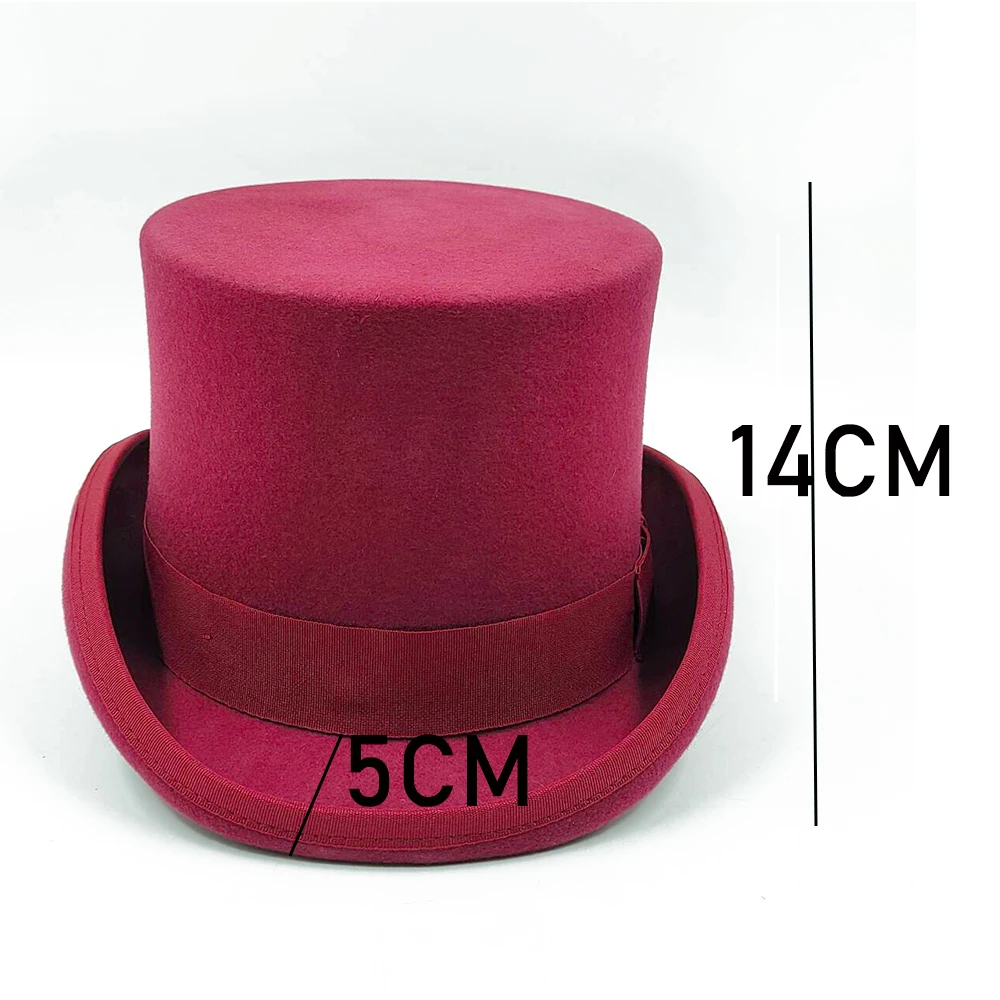 Wine Red 100% Wool Hat for Men and Women High Top Gentleman Bowler Hat Black White Magic Hat Presidential Hat Belt Accessorie