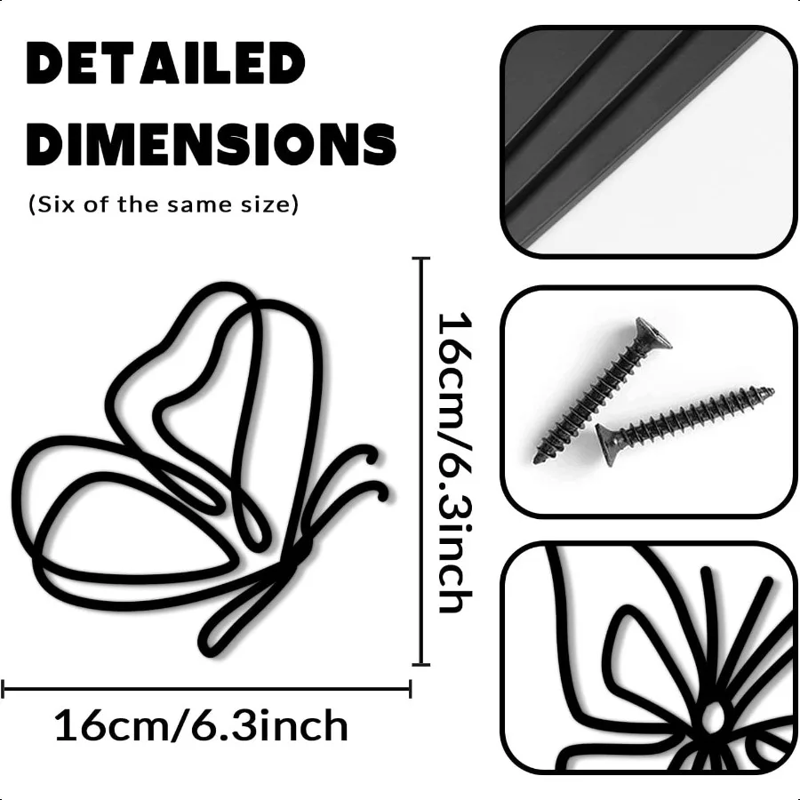 6 قطع معدنية على شكل فراشة لتزيين الحائط، ديكورات جدارية معدنية على شكل قلب، زهور سلكية، شارات جدارية للحمام المطبخ