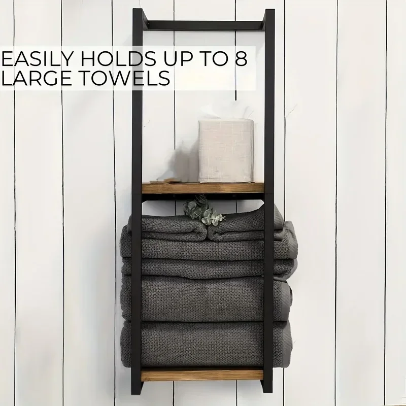 

Wall Mount Towel Storage Rack with Wooden Shelves Towels Bathroom Shelf Holder