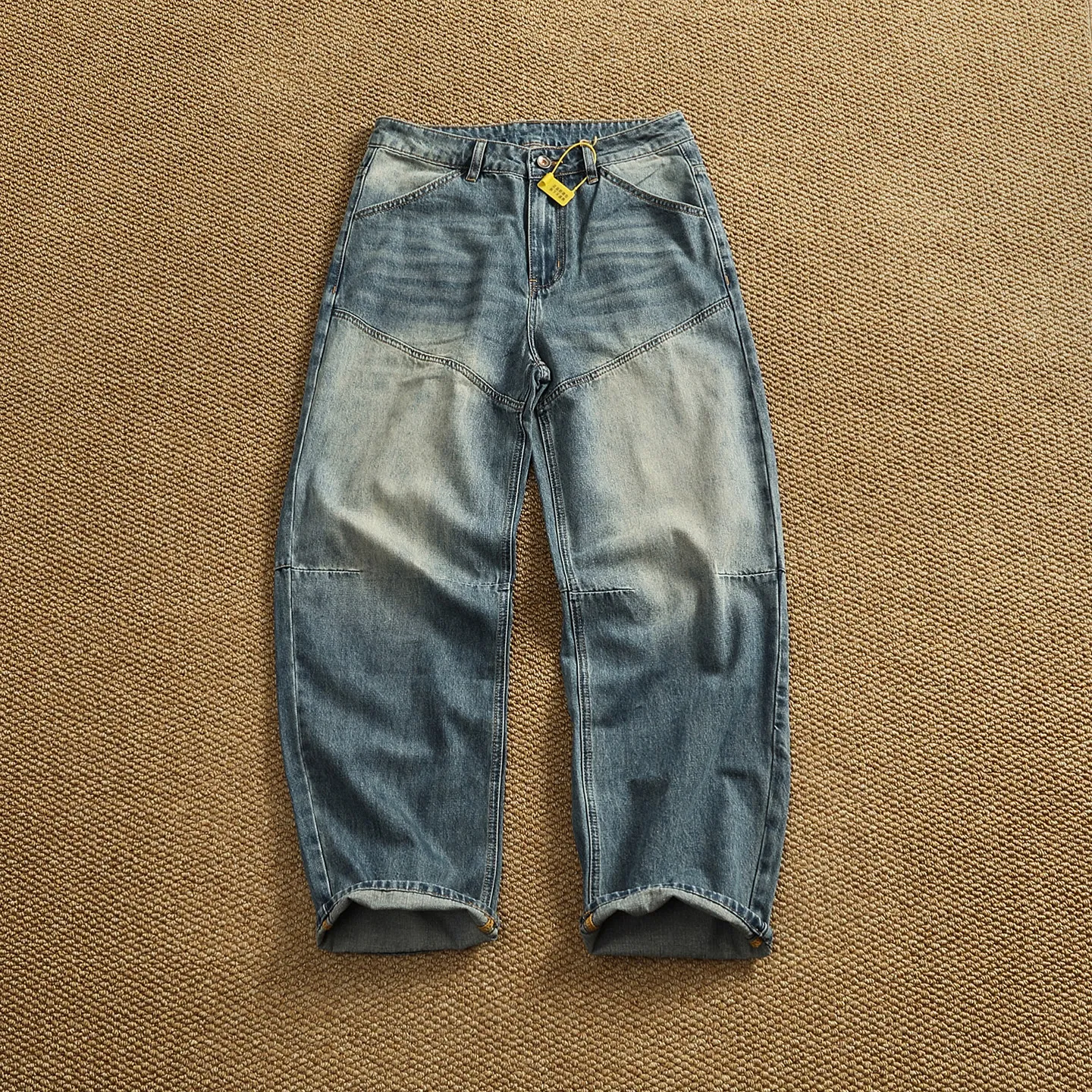 American Vintage Washed Design Patchwork Loose Straight-Leg Wide Leg Jeans for Men Unisex Blue Denim Trousers Plus Size 40