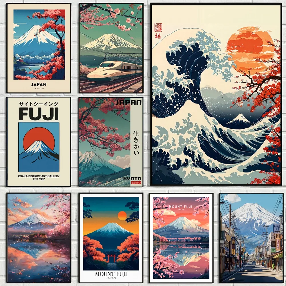 1pc Frameless Japanese Poster Mount Fuji Plum Blossom Wave Canvas Painting Modern Aesthetic Decor for Family Living Room Bedr