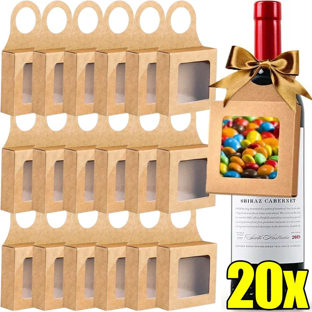 Caja de botellas de vino de papel Kraft con gancho, diseño plegable, caja de embalaje de dulces, caja de papel colgante, decoración para fiestas de bodas, 20/10 Uds.
