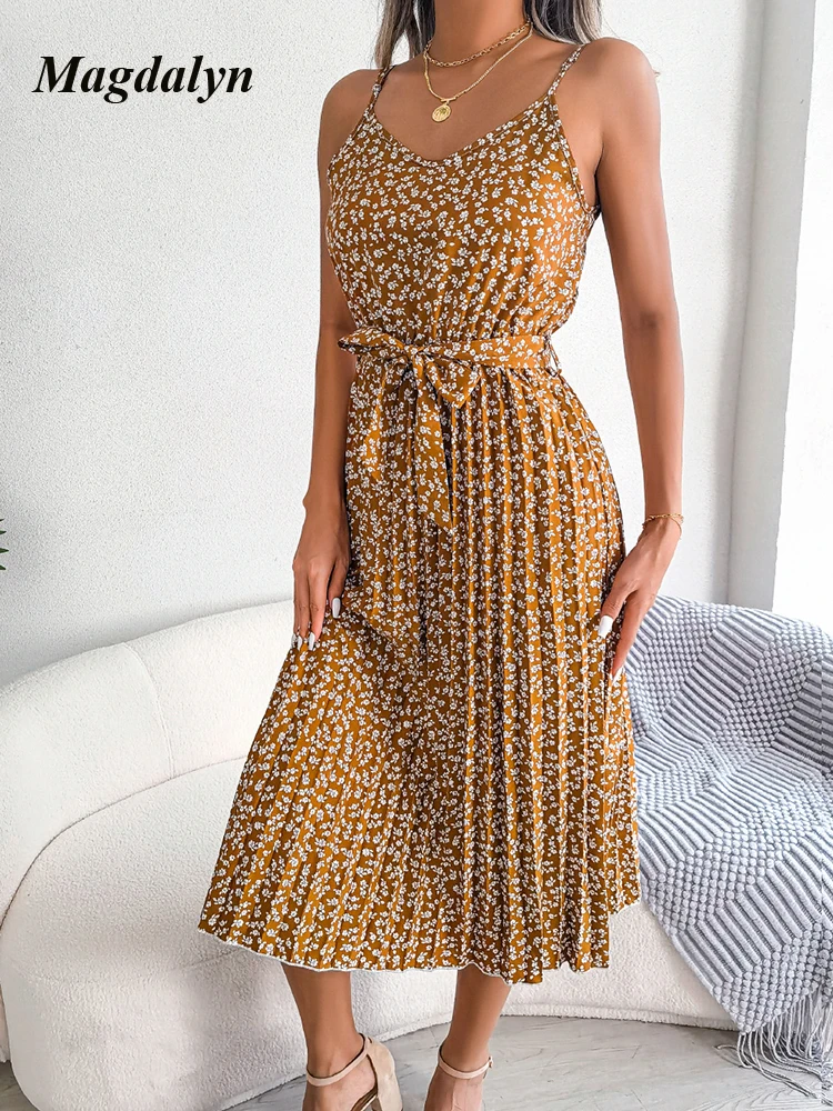 Magdalyn Women Floral Print Pleated Dress Summer Beach Boho Fashion Streetwear A Line Retro Sleeveless Spaghetti Strap Sundress