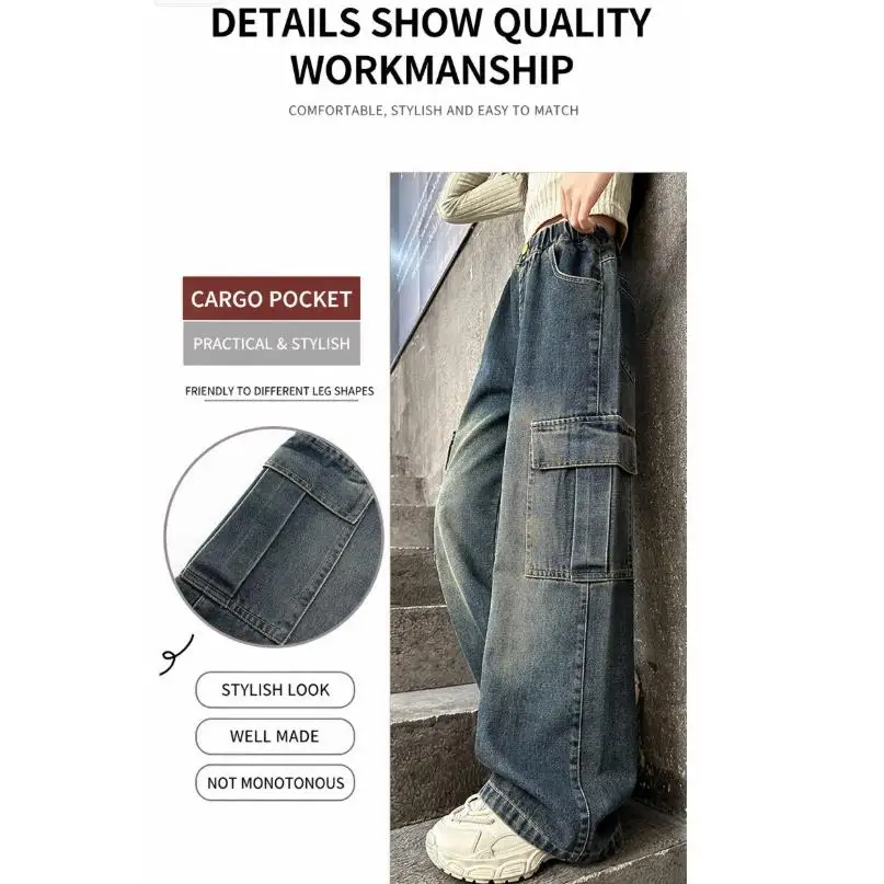 Mädchen Frühling Herbst Cargo Weite Bein Jeans 4-14 Jahre Kinder Elastische Hohe Taille Multi-Taschen Lose Freizeithose – Detail 30