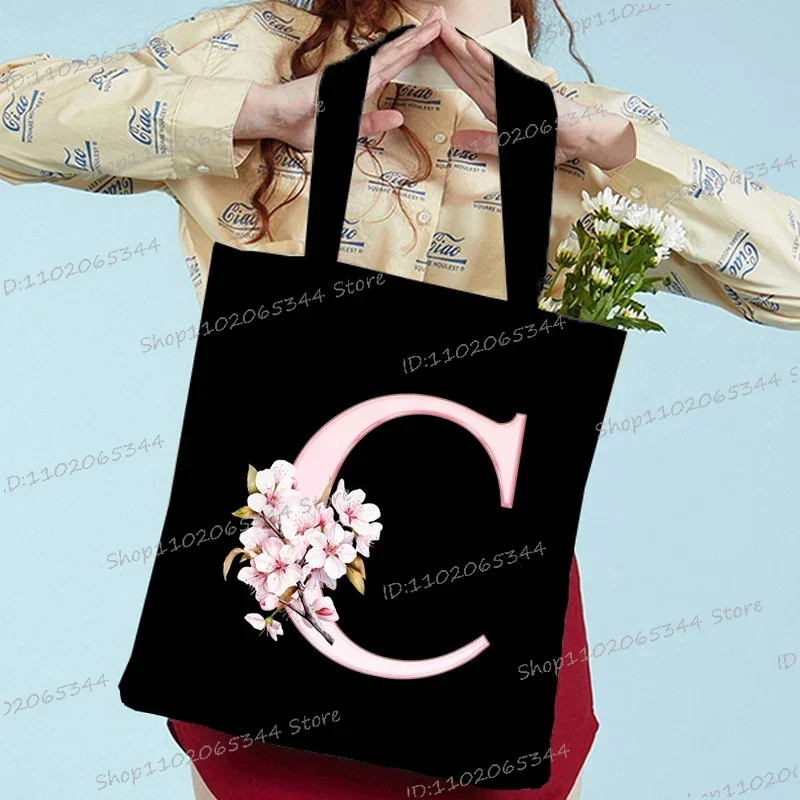 Sakura Letter Series Shoulder Bag Vintage Aesthetics Alphabet Women Tote Bag Students Large Capacity Storage Books Canvas Bag