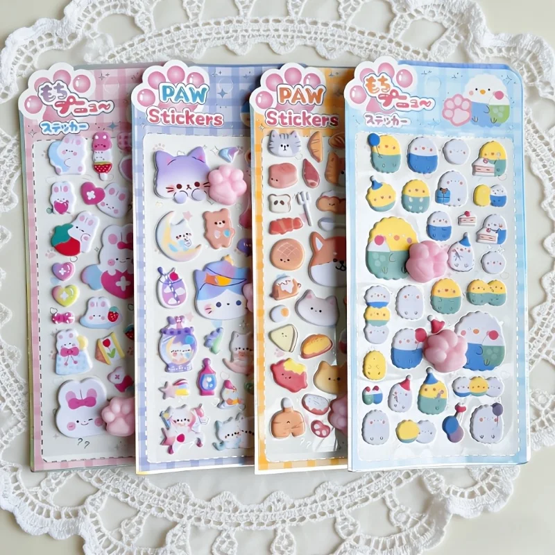 4Sheets 3D Decorative Stickers, Cartoon Rabbits, Animals, Pandas, Soft and Cute Cat Claws, Squeezing and Relaxing Stickers