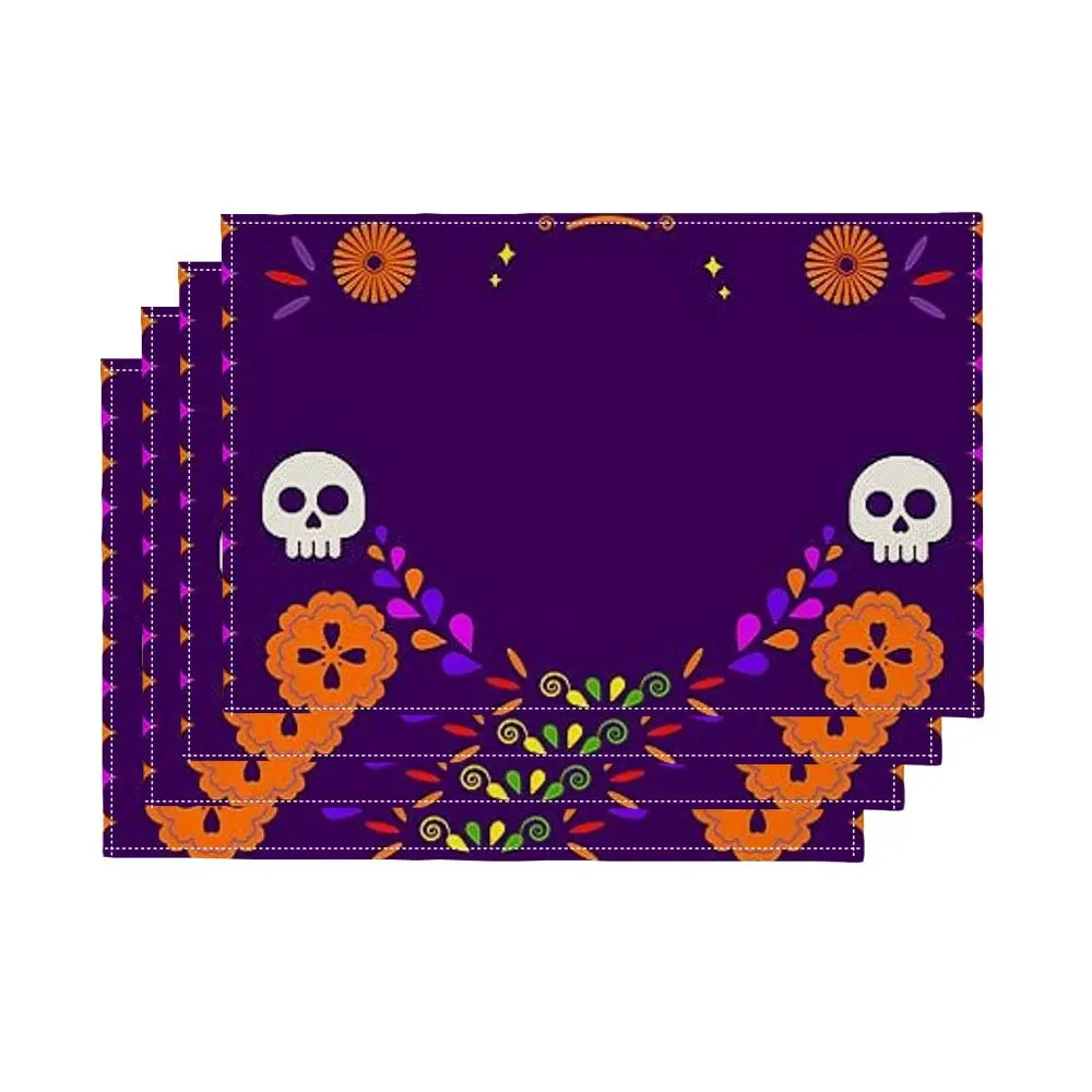 4pcs Retro Pirate Style Placemats - Colorful Skull Floral Design - Perfect for Holiday Kitchen and Family Gatherings