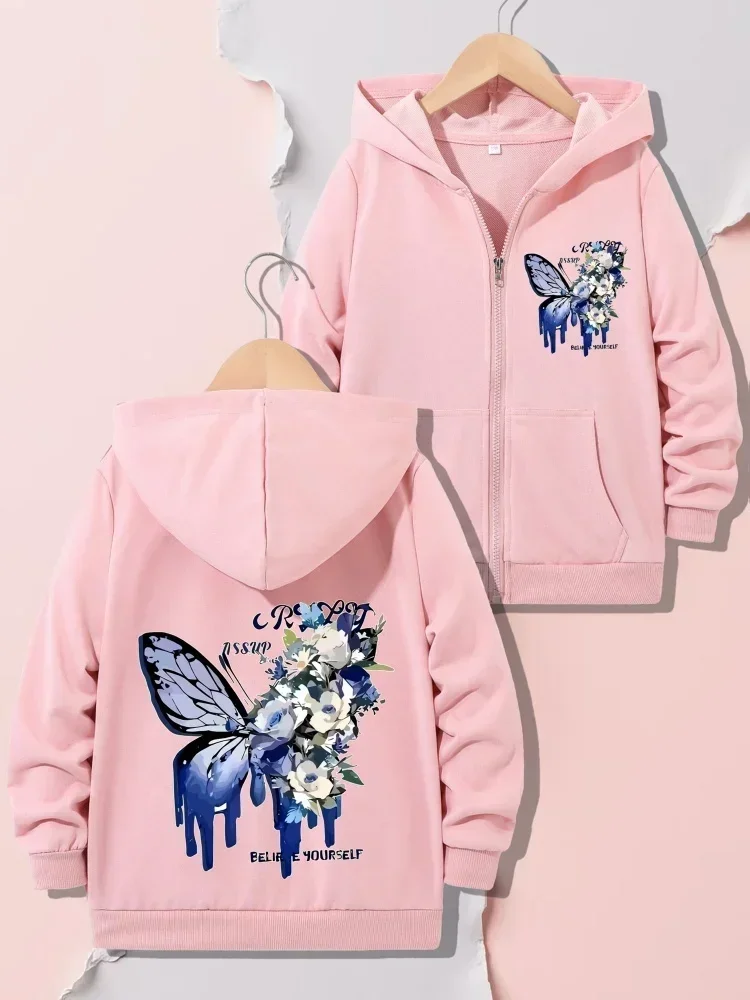 Kids Full Zip Hoodie Light Purple Ink Drip Flower Butterfly Believe Yourself Graphic Loose Hooded Outerwear For Little Girls
