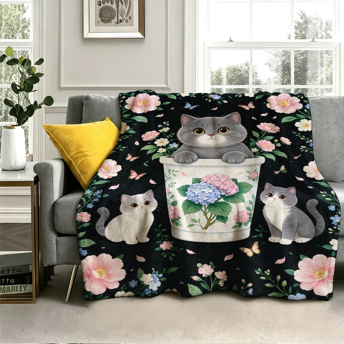 Gray Cat Hydrangea Kittens Flannel Blanket Warm Soft Halloween Christmas Decorative Couch Warm Cozy All-Season Gift
