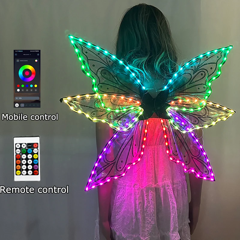 

Красочные светодиодные крылья феи с управлением через приложение, светящиеся крылья бабочки, светящиеся танцевальные крылья для девочек, сценическое представление, фестиваль, вечерние принадлежности