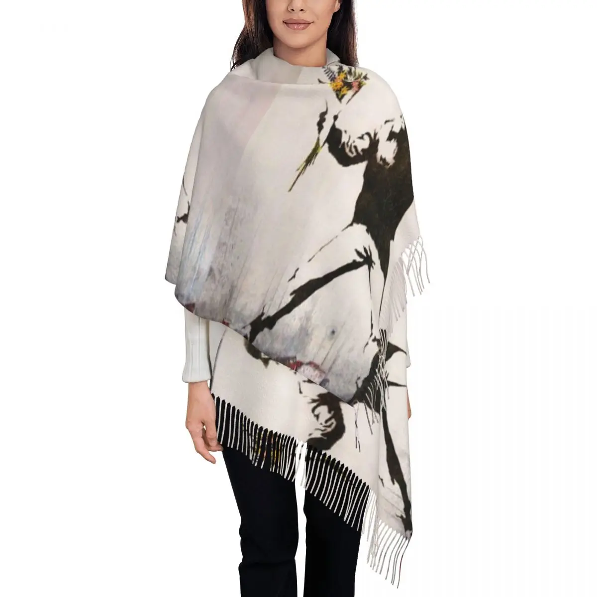 

Rage Flower Banksy Shawl Wraps Women Winter Warm Long Soft Scarf Pashmina Tassel Scarves