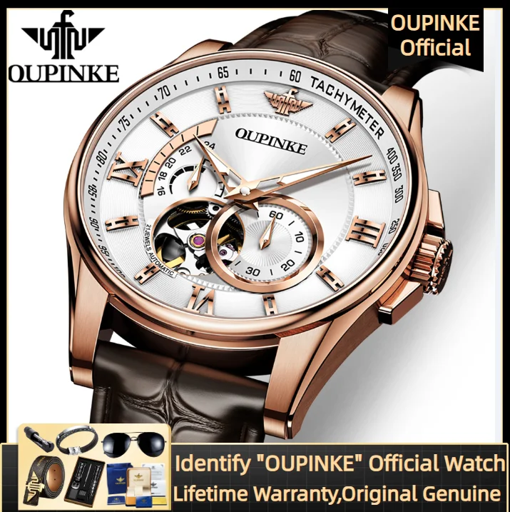 

OUPINKE Skeleton Hollow Automatic Watch Men Leather Strap Roman Scale Waterproof Mechanical Wristwatch 3222