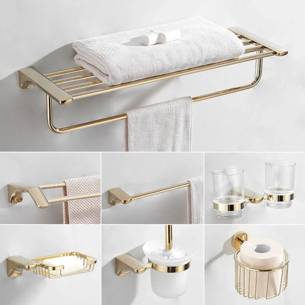 304 Stainless Steel Bathroom Accessories Towel Rack Gold Plated Toilet Brush Paper Towel Holder Towel Rings Bath Hardware Sets