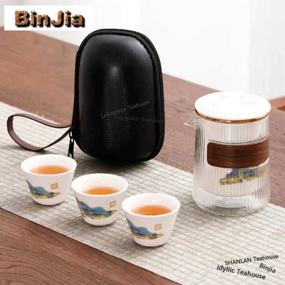 

Boutique Landscape White Porcelain Tea Set Kit Aesthetic 1 Pot 3 Cups Tea Brewing Travel Tea Set Portable Organizer Cafes Craft