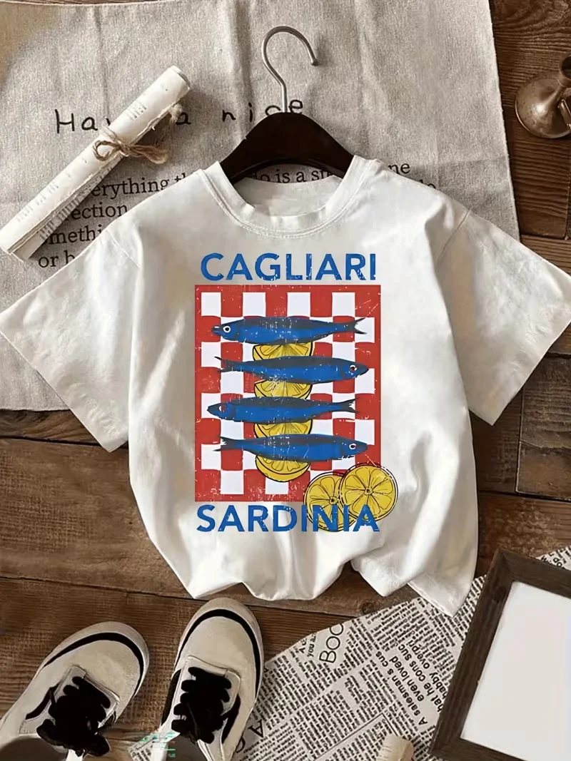 Cagliari Sardine Retro Graphic T-Shirt Italian Coastal Seafood Aesthetic Top,Crew Neck Short Sleeve for Casual Daily Travel Wear