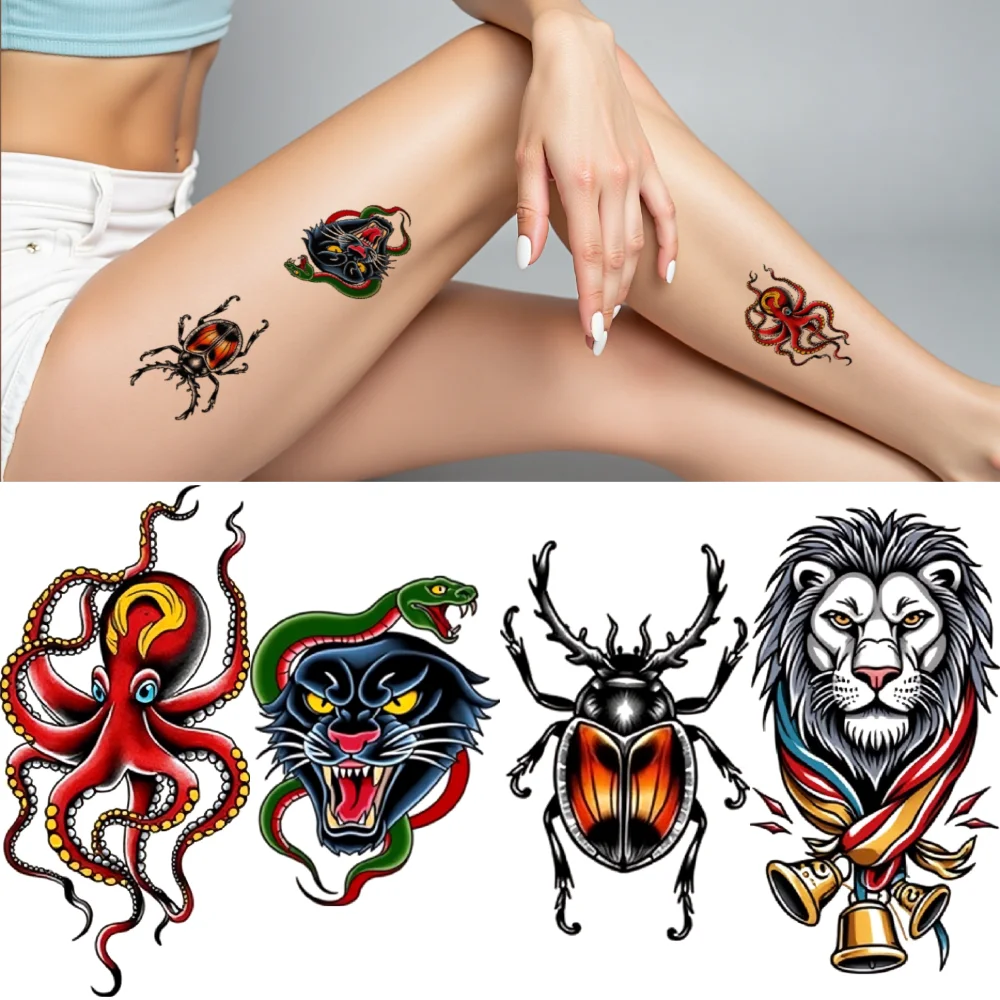 

28pcs Temporary Tattoo Waterproof Long-lasting Body Stickers Panther Jellyfish Scorpion For Women Arms Chest