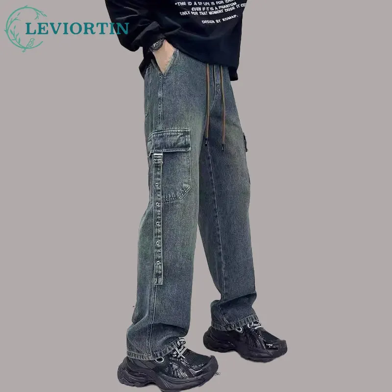 

High Street Washed Denim Jeans For Men Autumn Loose Fitting Couple Straight Leg Casual Workwear Denim Trousers