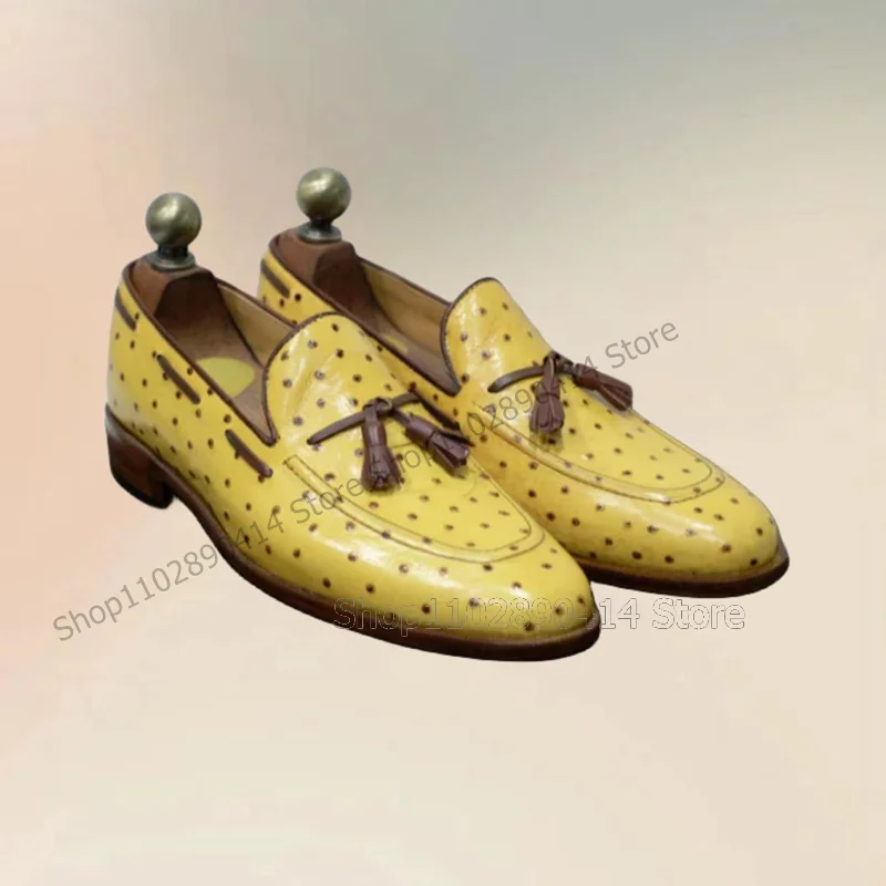 

Yellow Ostrich Print Tassels Decor Penny Loafers Fashion Slip On Men Shoes Luxury Handmade Party Feast Banquet Men Casual Shoes