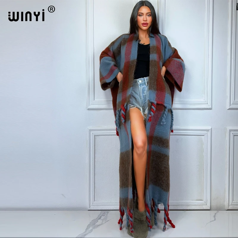 WINYI Winter African cardigan print abaya dubai luxury outfits for women Fringed coat Open Front Kimono long down party dress