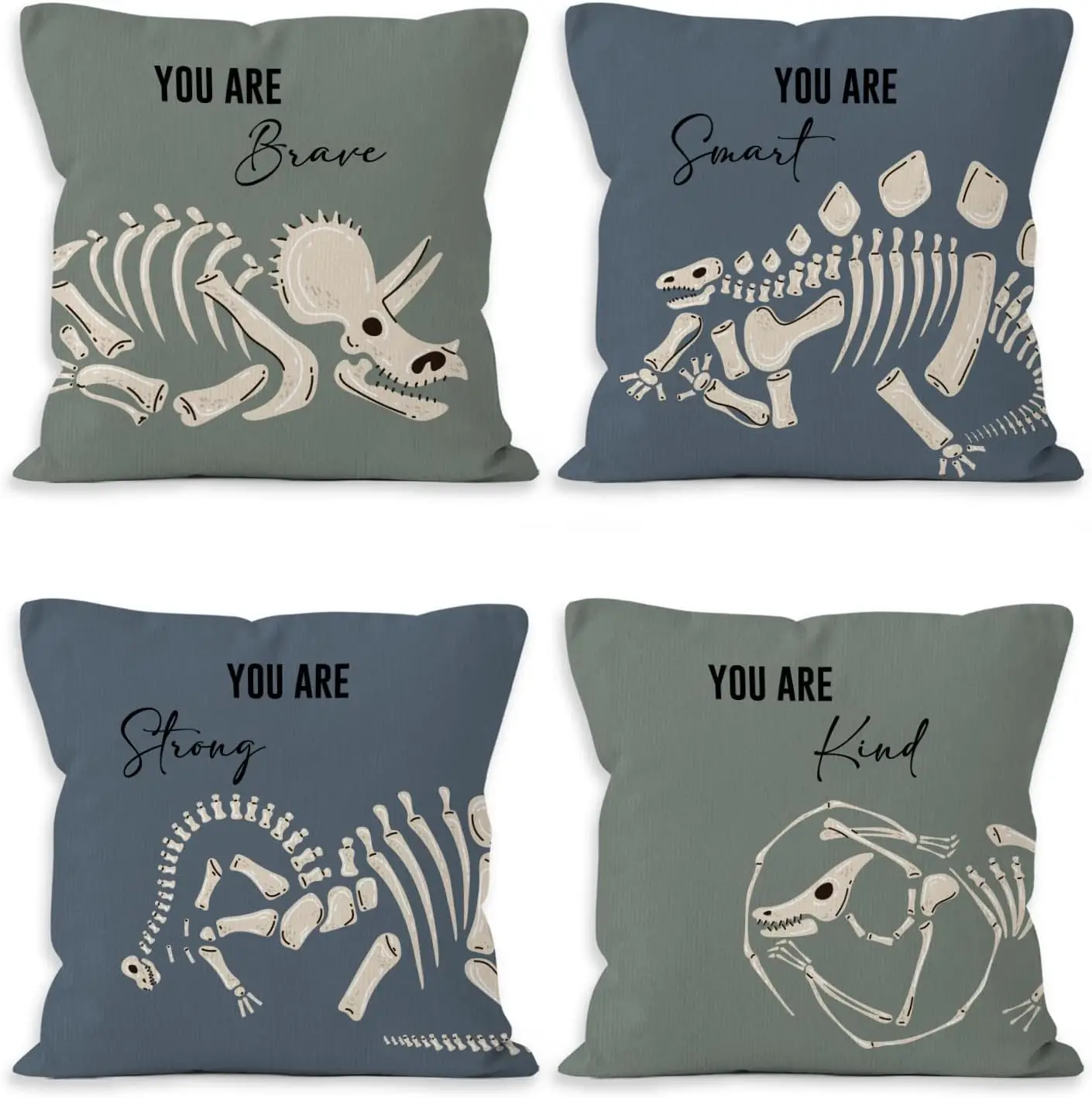 4Pcs Kids Dinosaur Throw Pillow Covers Skeleton Cushion Cases with Encouraging Words for Living Room Bedroom Sofa Kids Room Home