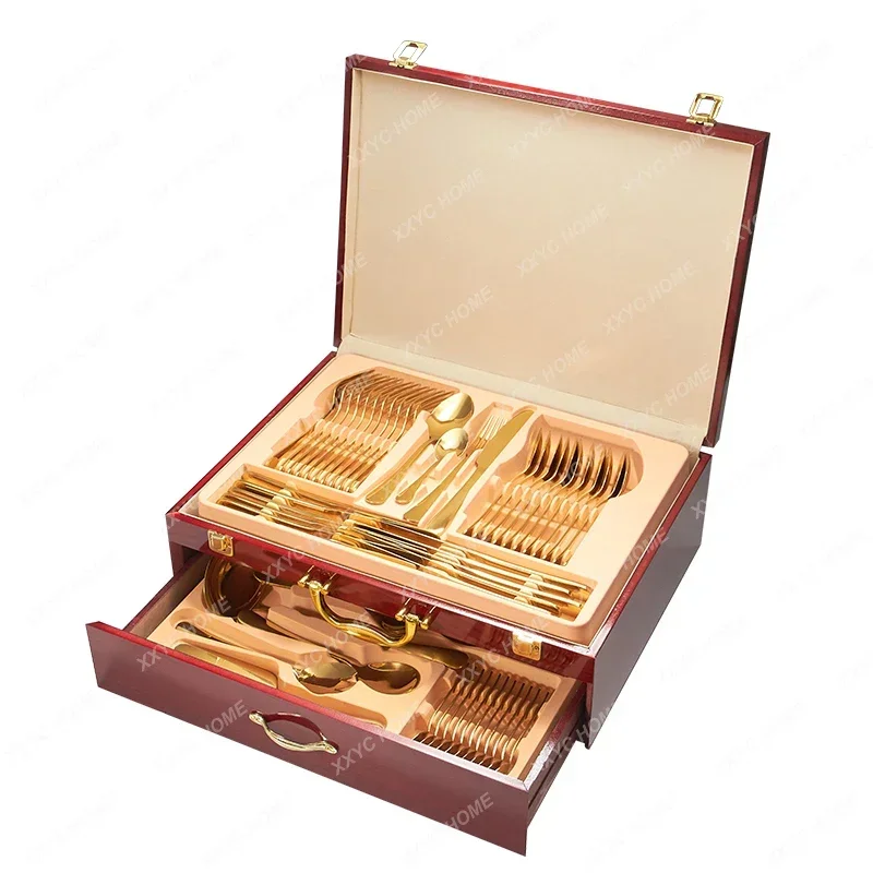 Hot selling 72/84/86 pcs gottinghen gold plated stainless steel cutlery set with wooden case