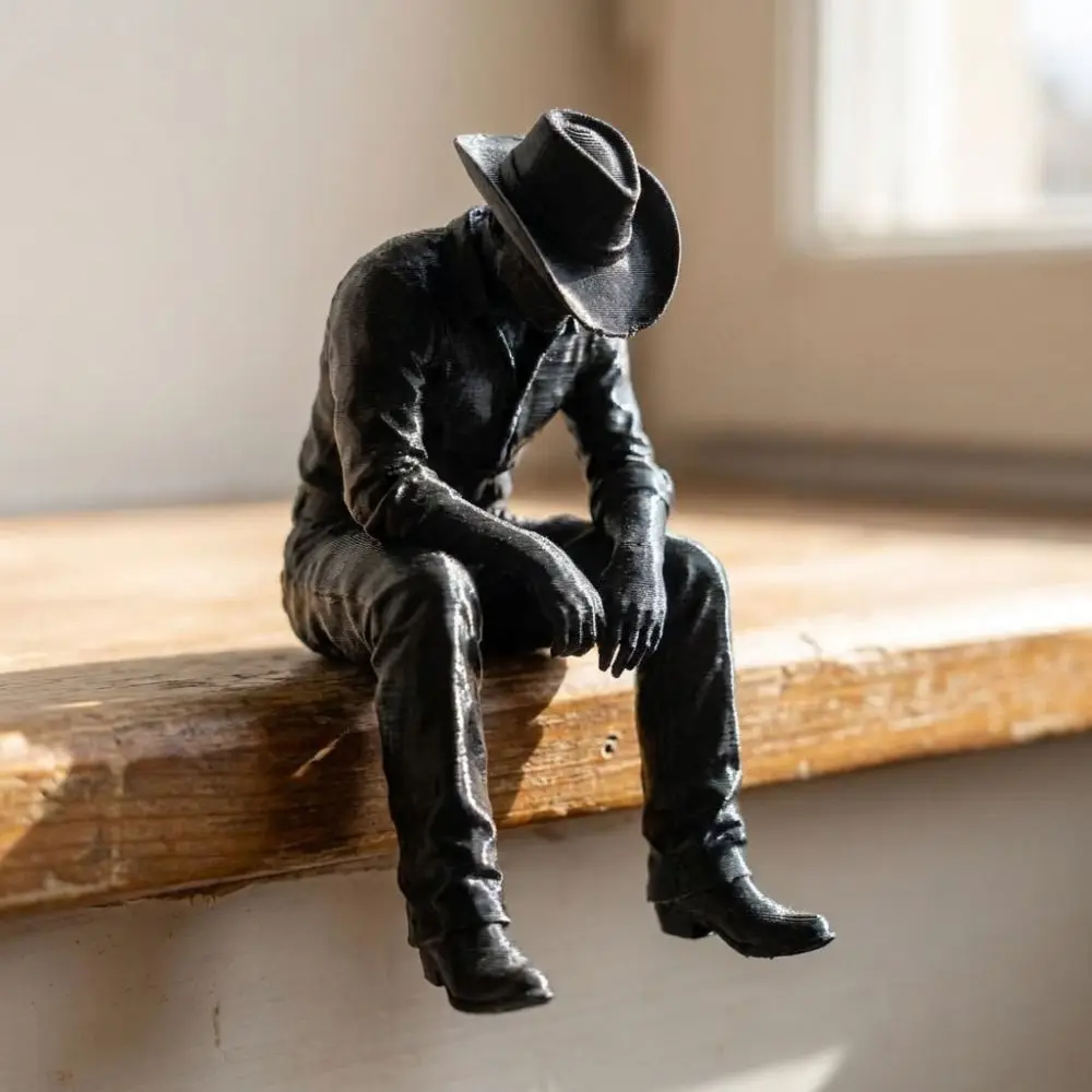 Western Style Sad Sitting Cowboy Sculpture 3D Printed Vintage Hanging Head Cowboy Statue Lonely Pensive Cowboy Tabletop Decor