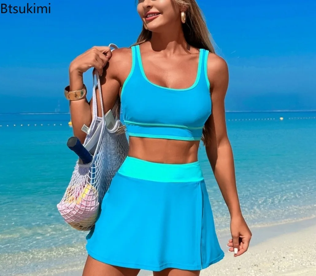 2025 Sporty Swimsuit Women Two Pieces High Waist Beach Dress Solid Swimwear Female Bathers Bathing Swimming Swim Suit Beachwear